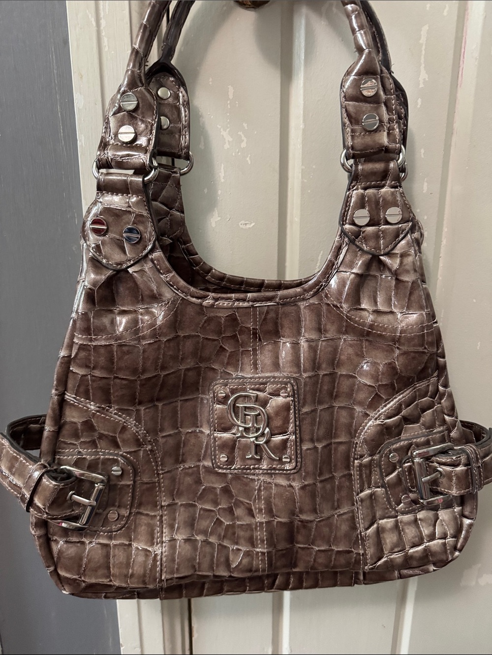 Croc-Embossed Shoulder Bag in Taupe. Not Lightweight.